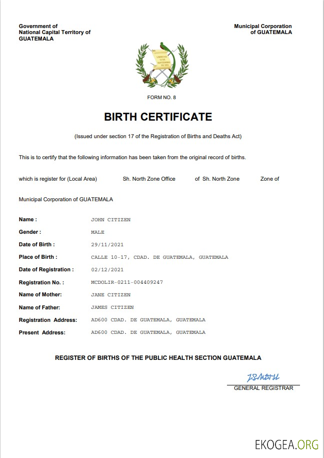 Modèle Word et PDF d'acte de naissance au Guatemala